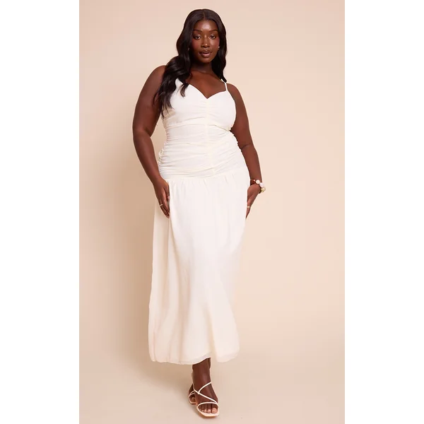 Plus Almond Chiffon Ruched Dropped Waist Maxi Dress