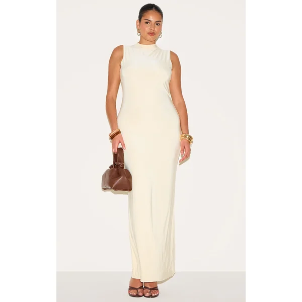 Plus Almond Double Layer High Neck Sleeveless Maxi Dress