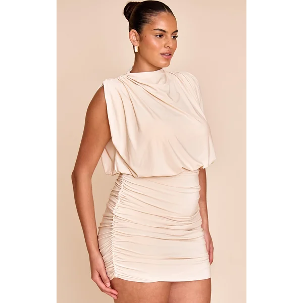 Plus Almond Double Layered Slinky Shoulder Padded Mini Dress