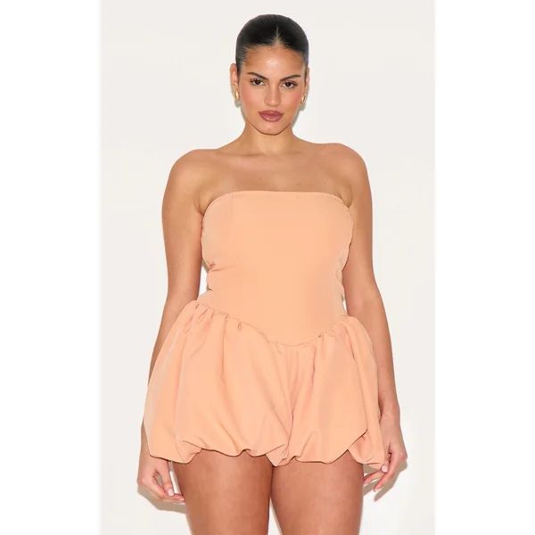 Plus Apricot Contrast Woven Bandeau Puffball Romper