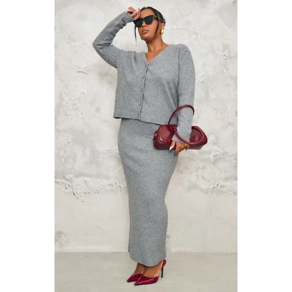 Plus Ash Grey Melange Soft Knit Maxi Skirt