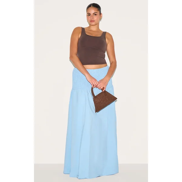 Plus Baby Blue Shirred Waist Cotton Poplin Maxi Skirt
