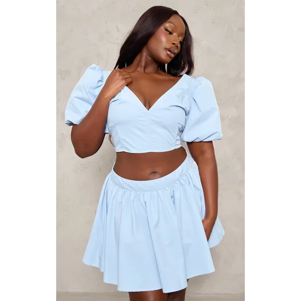 Plus Baby Blue V Neck Puff Sleeve Crop Top
