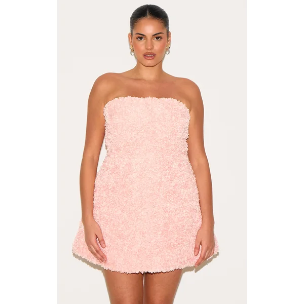 Plus Baby Pink Floral Textured Bandeau Mini Dress
