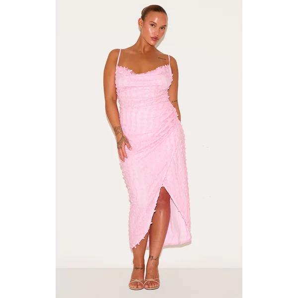 Plus Baby Pink Lace Cowl Neck Lace Up Back Midi Dress