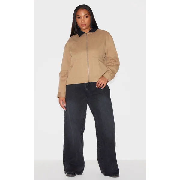 Plus Beige Contrast Collar Pocket Detail Trucker Jacket