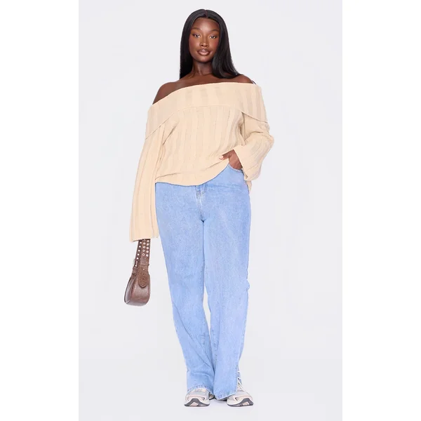 Plus Beige Exaggrated Ribbed Asymmetric Sweater