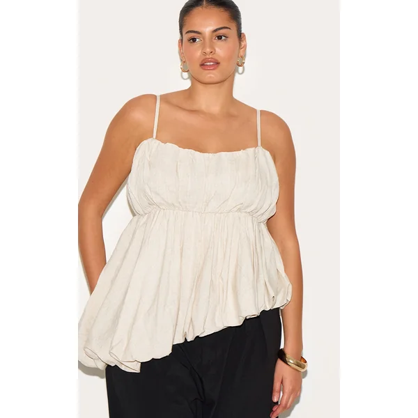 Plus Beige Linen Look Puff Ball Asymmetric Cami