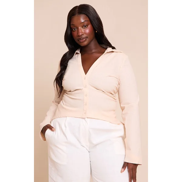 Plus Beige Linen Shoulder Padded Fitted Shirt