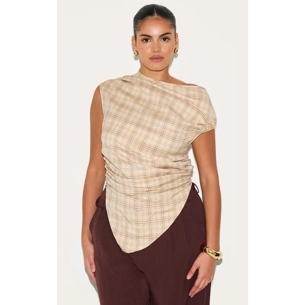Plus Beige Multi Checked Ruched Top