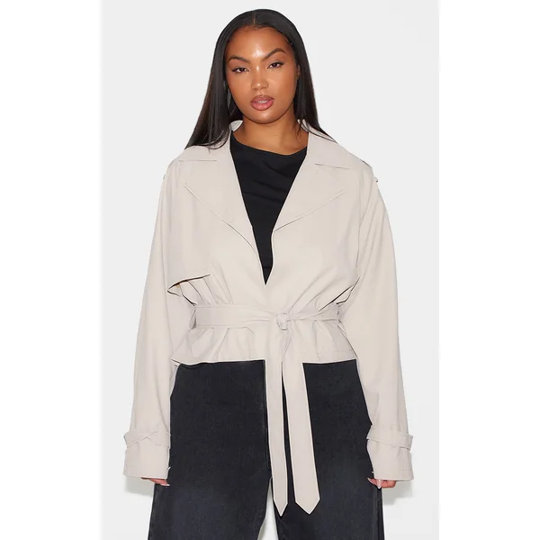 Plus Beige Rubberised Loose Fit Cropped Trench Coat