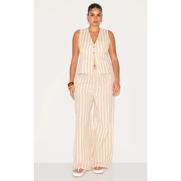 Plus Beige Striped Drawstring Wide Pants