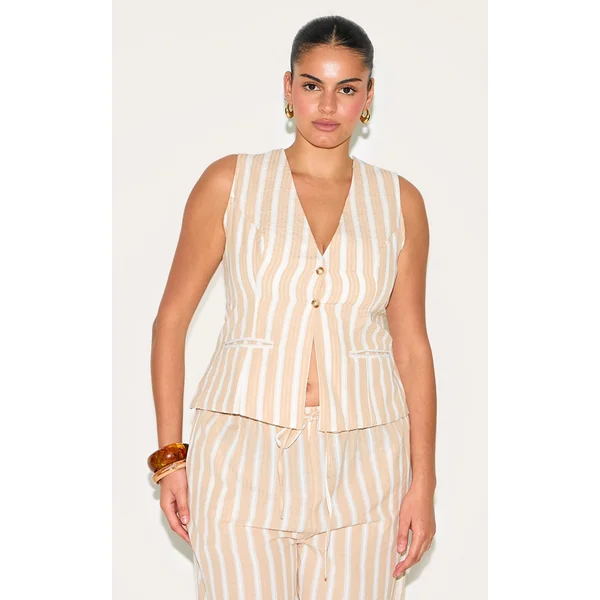Plus Beige Textured Striped Vest