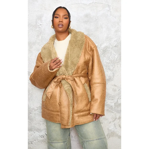 Plus Beige Washed Borg Trim Belted Jacket