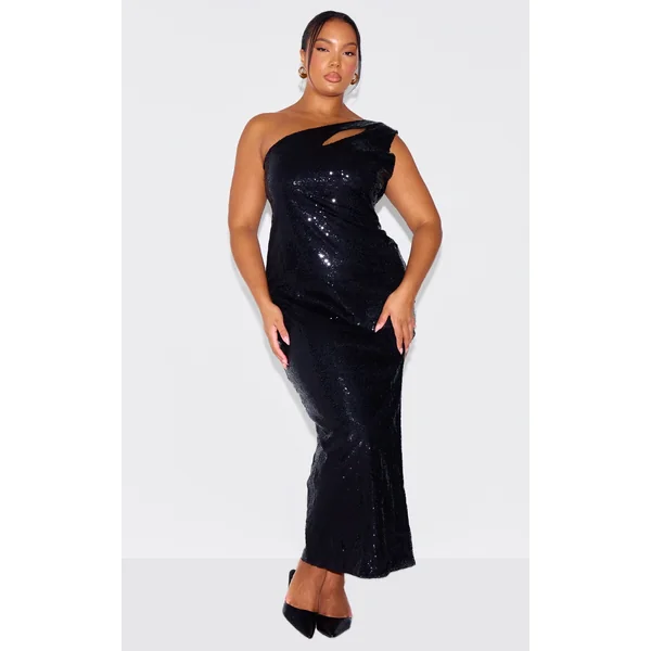 Plus Black Asymmetric High Split Sequin Maxi Dress