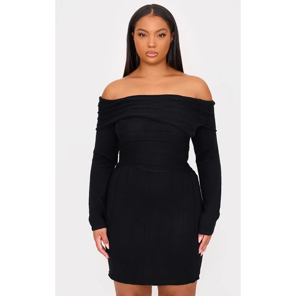 Plus Black Asymmetric Knit Fold Over Mini Dress