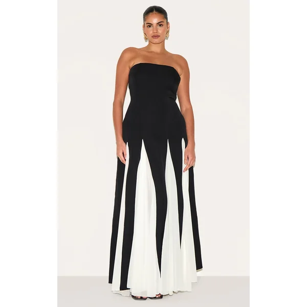 Plus Black Bandeau Contrast Chiffon Pleated Maxi Dress