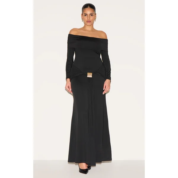 Plus Black Bardot Long Sleeve Trim Drape Detail Maxi Dress