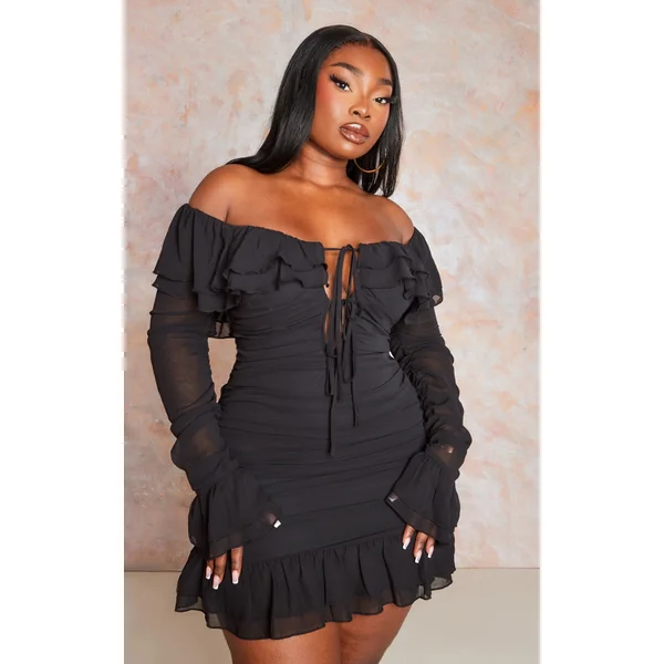 Plus Black Bardot Ruffle Detail Shift Dress