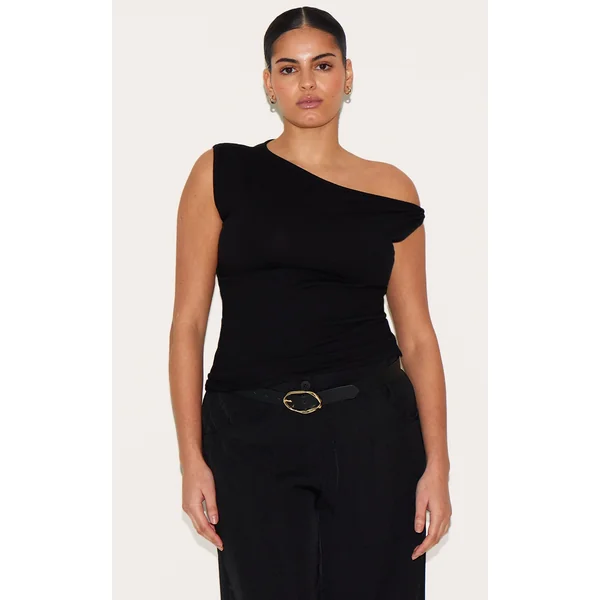 Plus Black Basic Knit Asymmetric Hem Twist Sleeve Vest Top