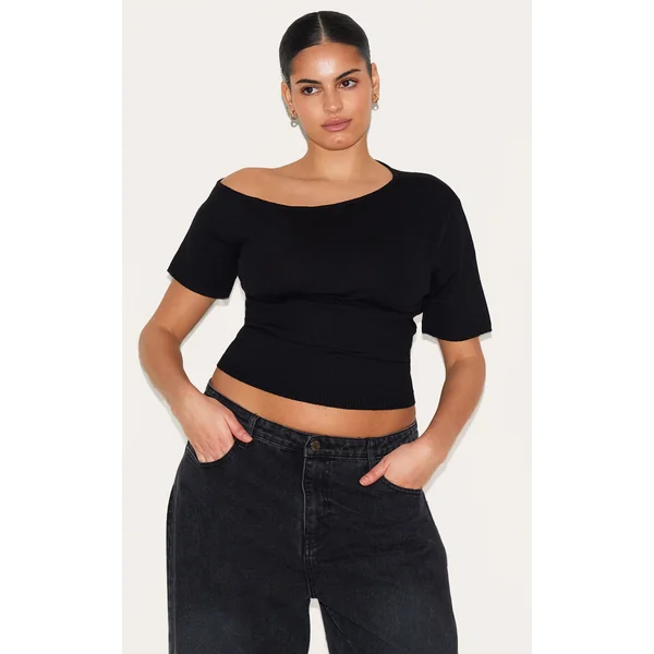 Plus Black Basic Knit Asymmetric Neckline Top