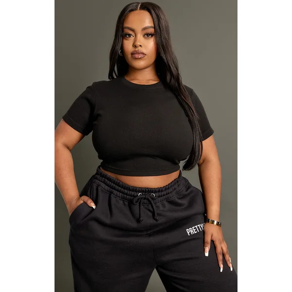 Plus Black Basic Rib Short Sleeve Crop Top