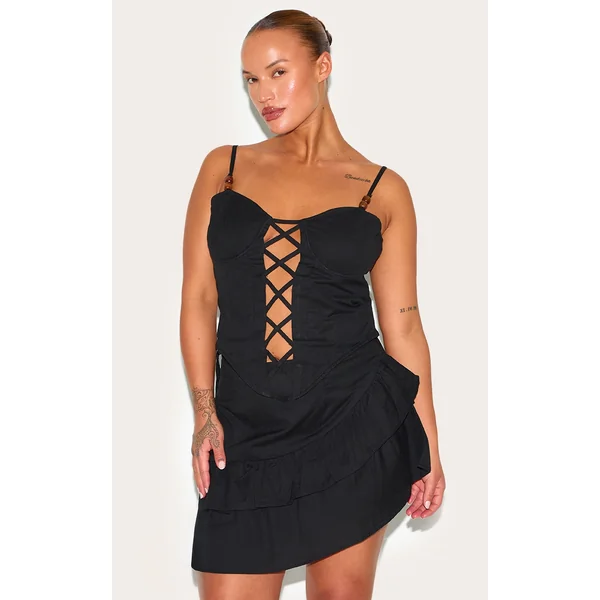 Plus Black Bead Detail Lace Up Corset Top