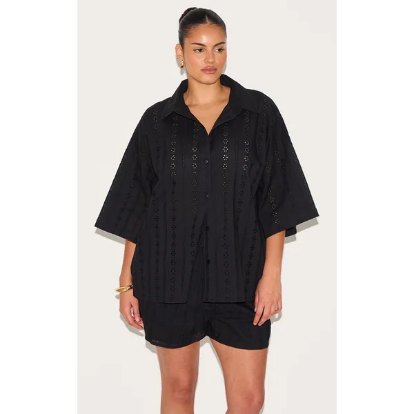 Plus Black Broderie Boxy Shirt