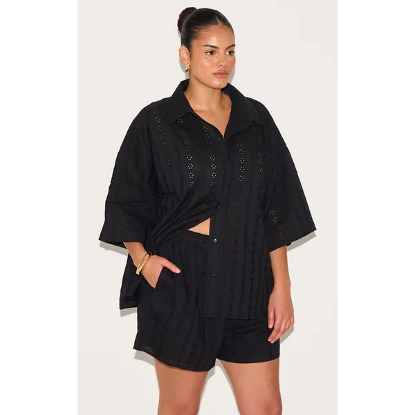 Plus Black Broderie Floaty Shorts