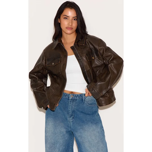 Plus Black Brown Faux Leather Wash Pocket Detail Jacket