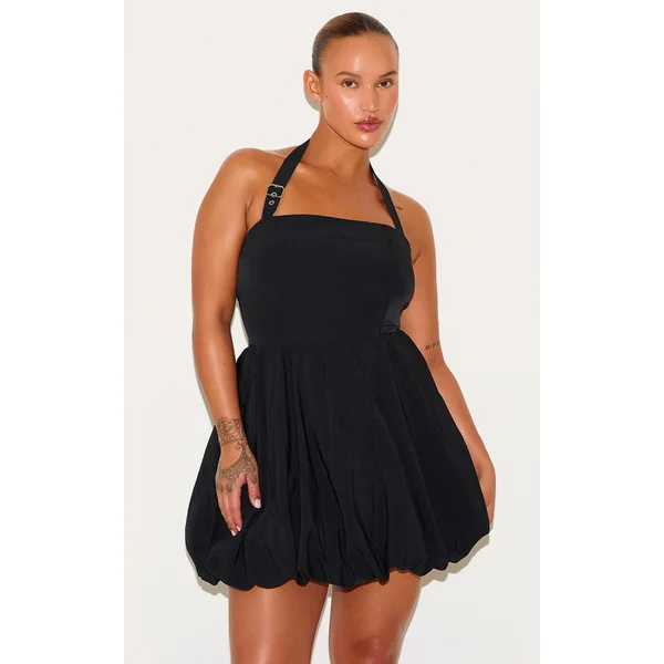Plus Black Buckle Detail Halterneck Puffball Mini Dress