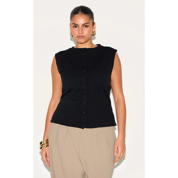 Plus Black Button Through Sleeveless Top
