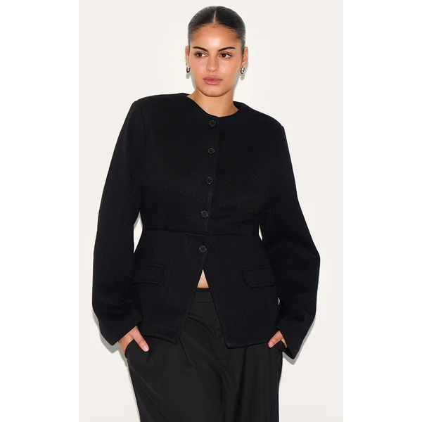 Plus Black Button Up Longline Collarless Blazer