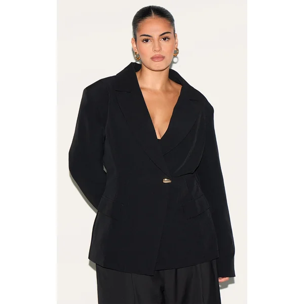 Plus Black Cinched Waist Lapel Point Detail Blazer