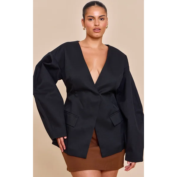 Plus Black Cocoon Sleeve Cinched Waist Pocket Blazer