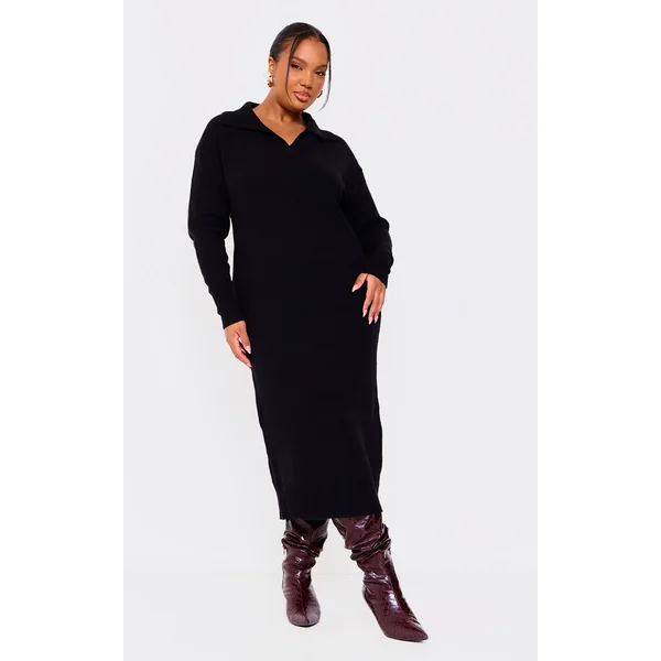 Plus Black Collar Detail Cosy Knitted Midaxi Dress