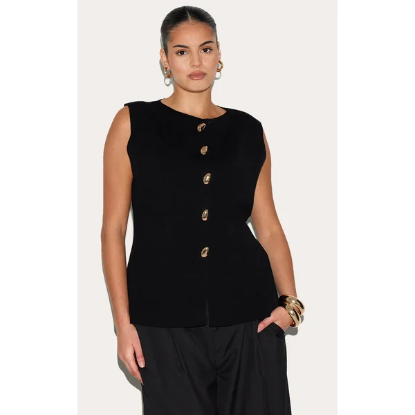 Plus Black Compact Knit Button Up Vest