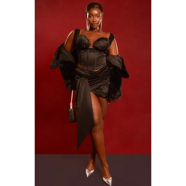 Plus Black Constructed Satin Ruched Drape Bodycon Skirt
