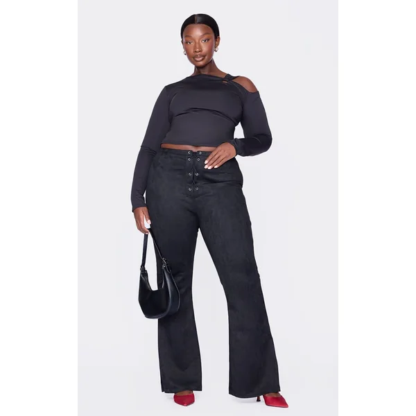 Plus Black Contour Long Sleeve Knot Detail Top