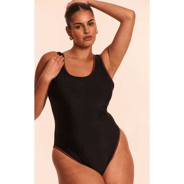 Plus Black Contrast Binding Scoop Back Swimsuit