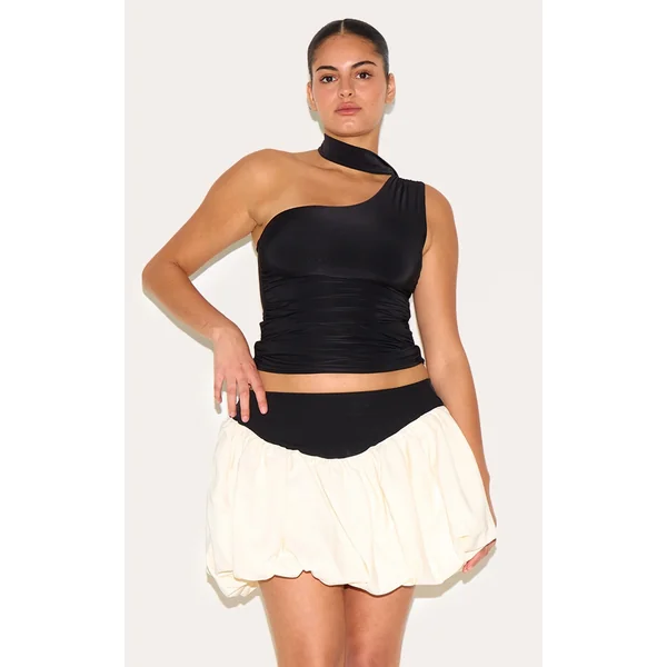 Plus Black Contrast Dip Waist Puffball Mini Skirt