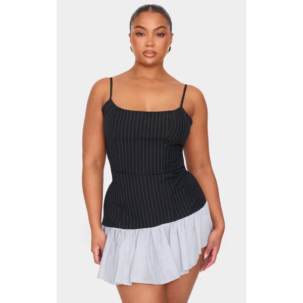 Plus Black Contrast Pinstripe Frill Hem Shift Dress