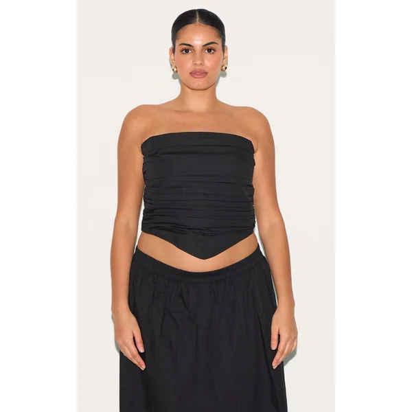 Plus Black Cotton Poplin Bandeau Ruched Front Top