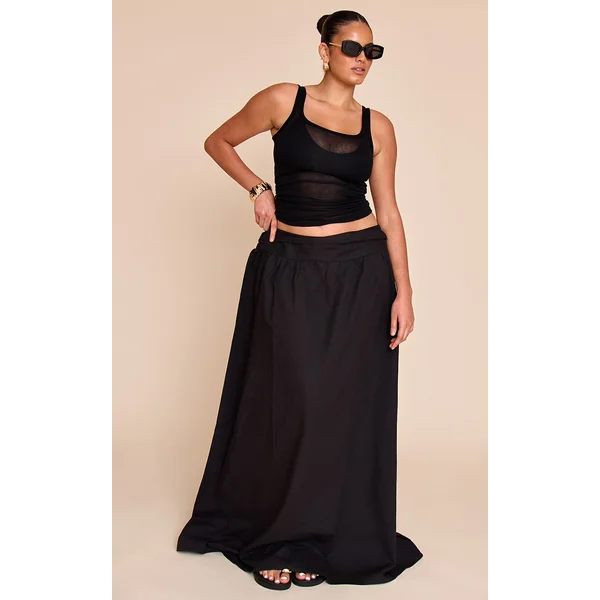 Plus Black Cotton Ruched Waist Maxi Skirt