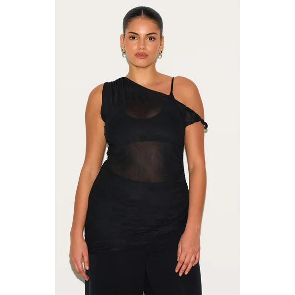 Plus Black Crinkle Mesh Twist Sleeve Detail Long Top