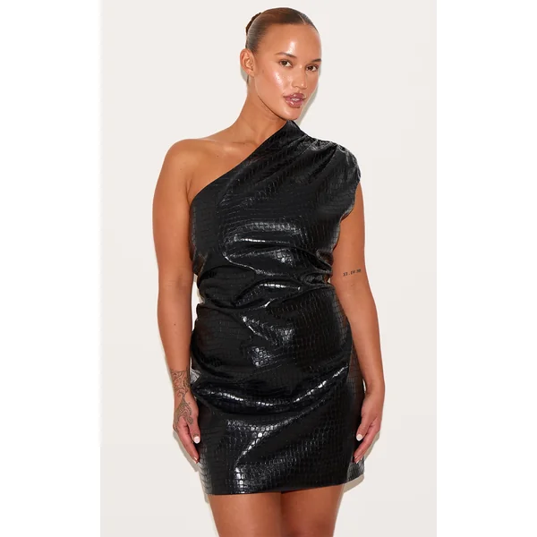 Plus Black Croc Faux Leather Ruched Asymmetrical Bodycon Dress