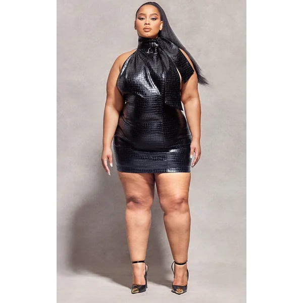 Plus Black Croc PU Bow Detail Bodycon Dress
