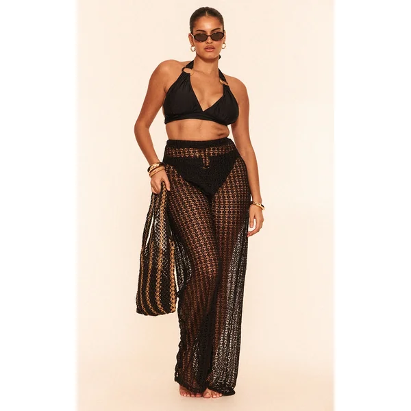 Plus Black Crochet Low Waist Wide Leg Beach Pants