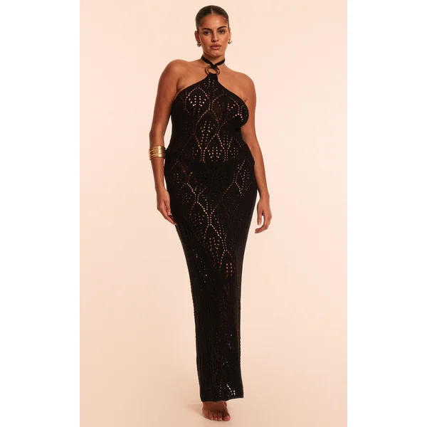 Plus Black Crochet Maxi Halter Neck Beach Dress