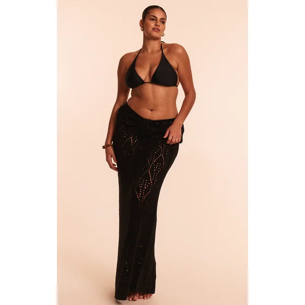 Plus Black Crochet Maxi Knot Detail Beach Skirt